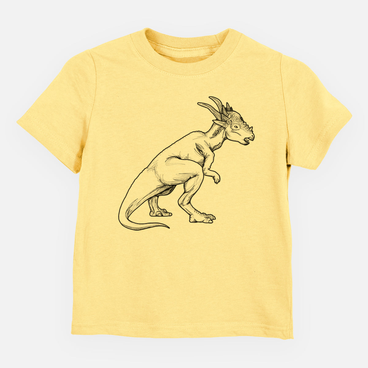 Butter yellow toddler t-shirt laid flat, printed with a black ink illustration of a Stygimoloch dinosaur with a spiky domed head.