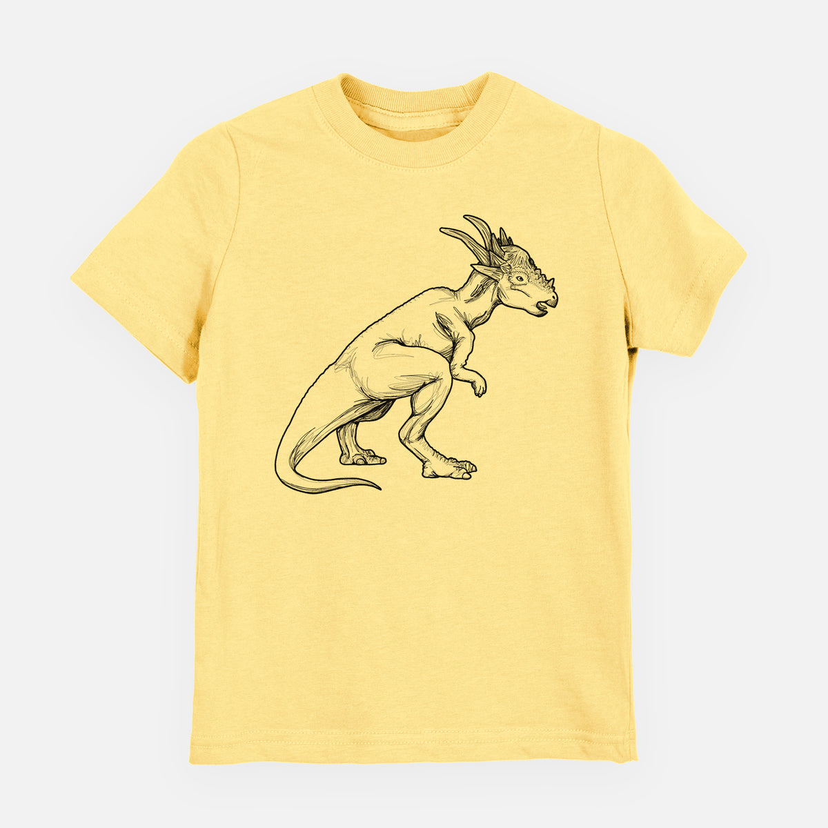 Butter yellow youth t-shirt laid flat, printed with a black ink illustration of a Stygimoloch dinosaur with a spiky domed head.