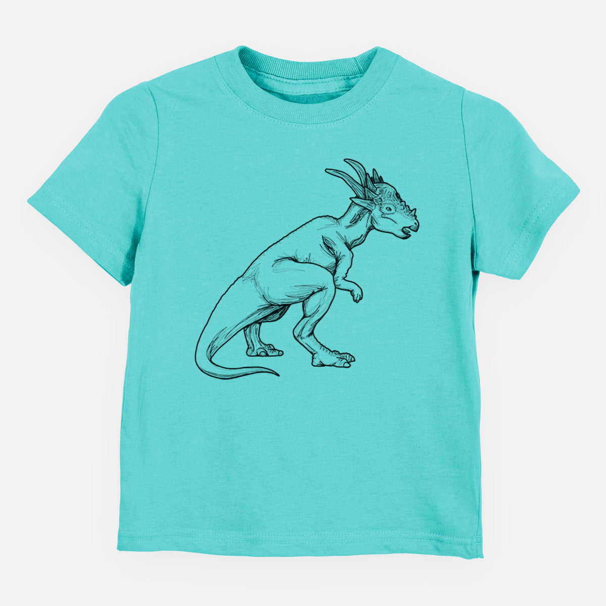 Caribbean blue toddler t-shirt laid flat, printed with a black ink illustration of a Stygimoloch dinosaur with a spiky domed head.