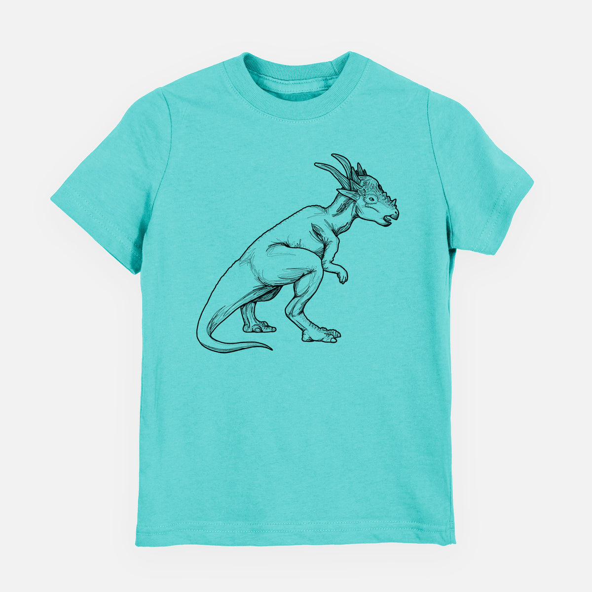 Caribbean blue youth t-shirt laid flat, printed with a black ink illustration of a Stygimoloch dinosaur with a spiky domed head.