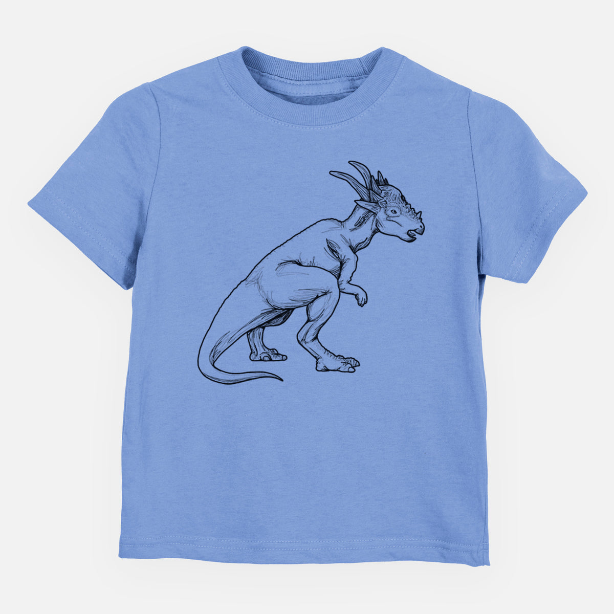 Carolina blue toddler t-shirt laid flat, printed with a black ink illustration of a Stygimoloch dinosaur with a spiky domed head.