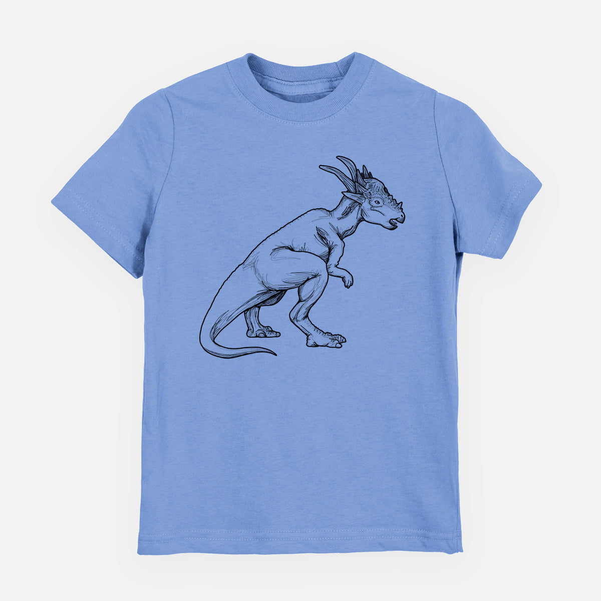 Carolina blue youth t-shirt laid flat, printed with a black ink illustration of a Stygimoloch dinosaur with a spiky domed head.