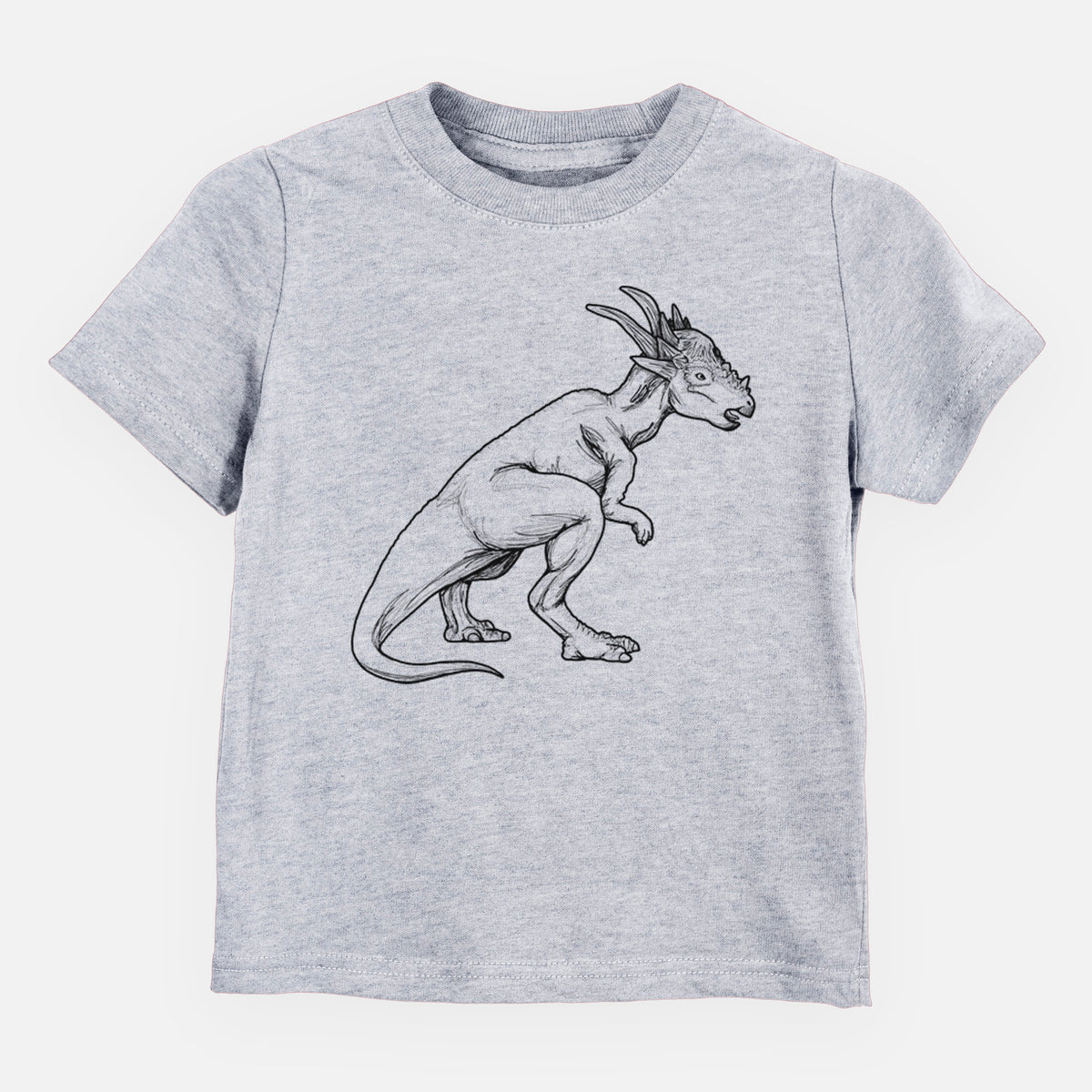 Heather grey toddler t-shirt laid flat, printed with a black ink illustration of a Stygimoloch dinosaur with a spiky domed head.