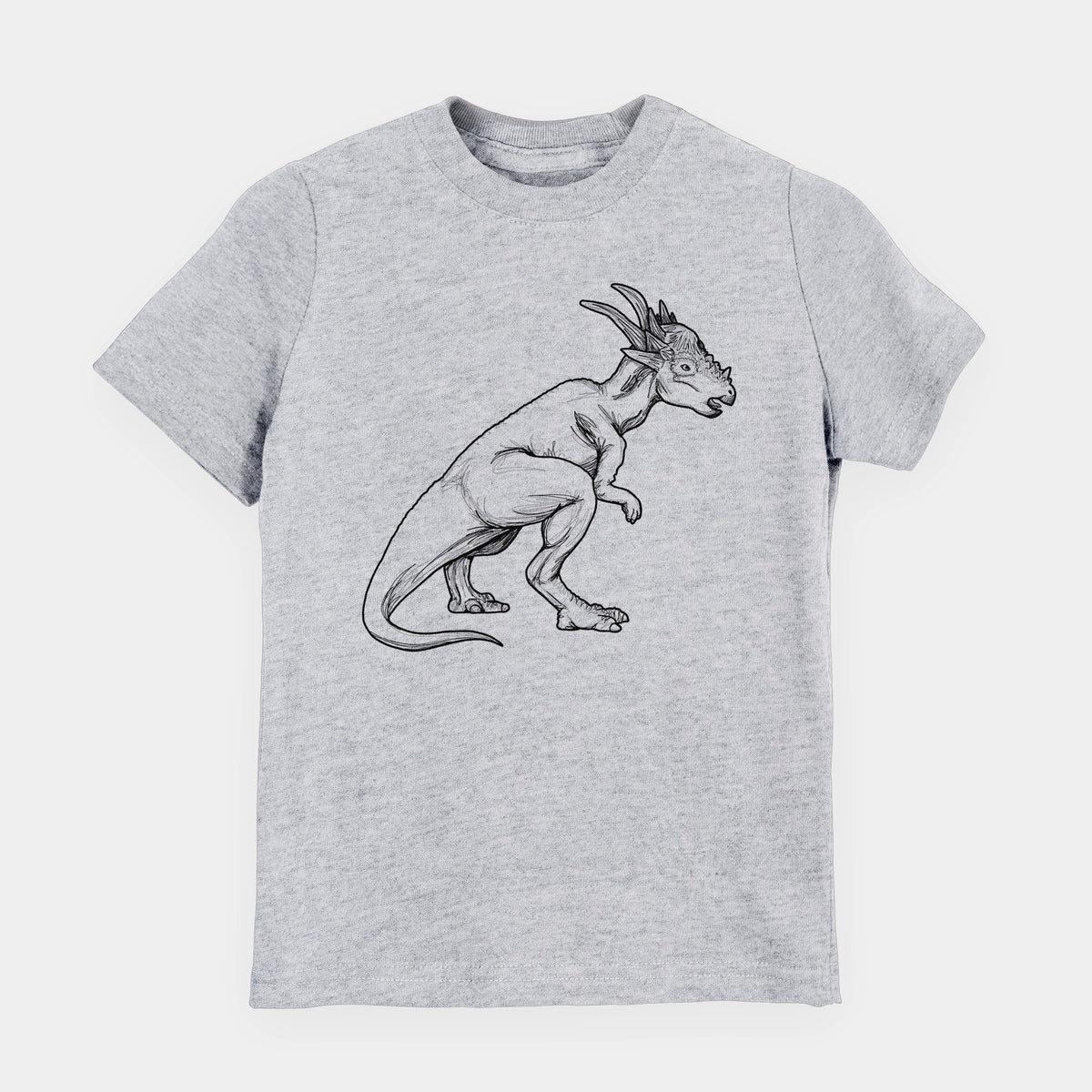 Heather grey youth t-shirt laid flat, printed with a black ink illustration of a Stygimoloch dinosaur with a spiky domed head.