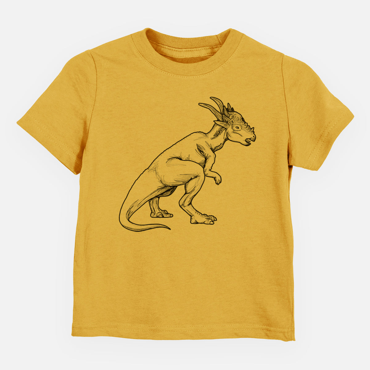 Honeycomb yellow toddler t-shirt laid flat, printed with a black ink illustration of a Stygimoloch dinosaur with a spiky domed head.