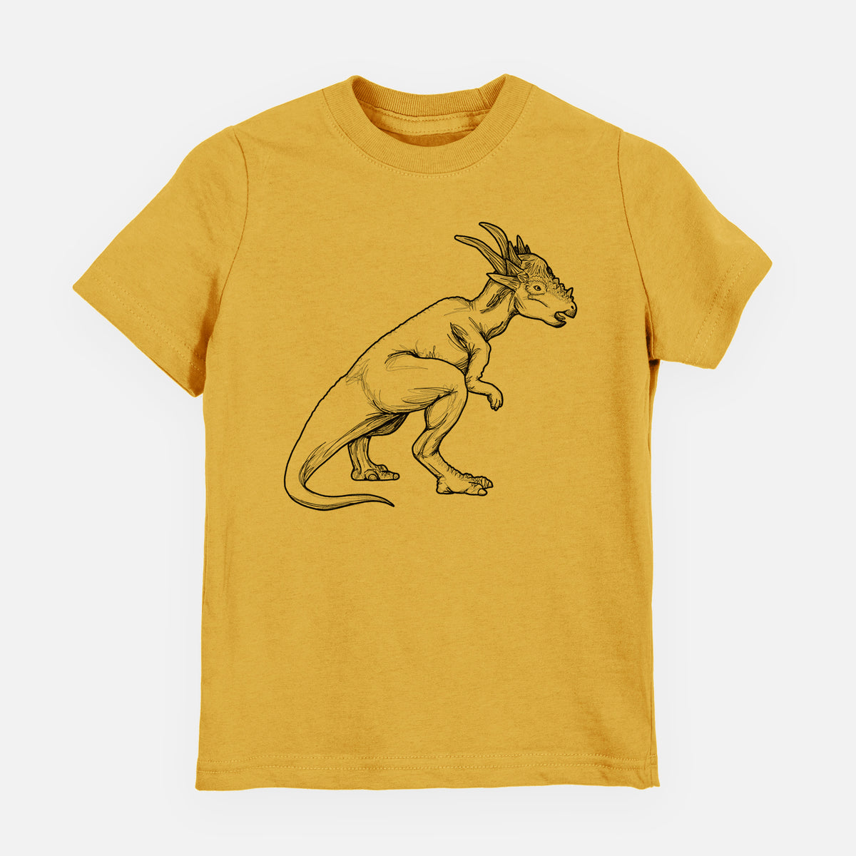 Honeycomb yellow youth t-shirt laid flat, printed with a black ink illustration of a Stygimoloch dinosaur with a spiky domed head.
