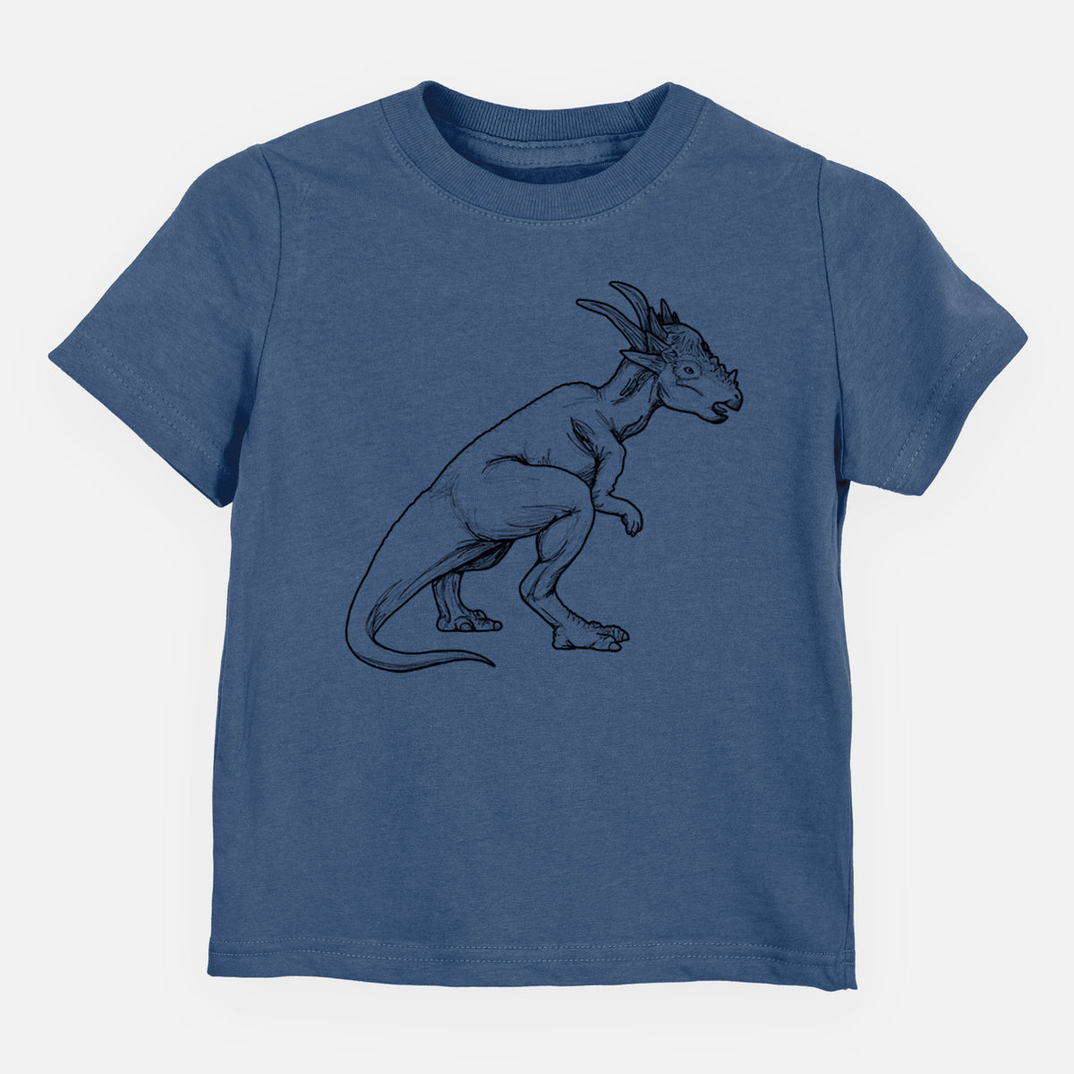 Indigo blue toddler t-shirt laid flat, printed with a black ink illustration of a Stygimoloch dinosaur with a spiky domed head.