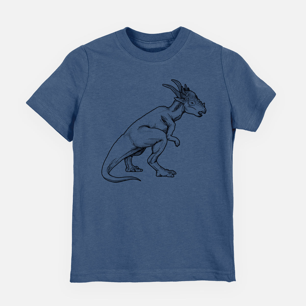 Indigo blue youth t-shirt laid flat, printed with a black ink illustration of a Stygimoloch dinosaur with a spiky domed head.