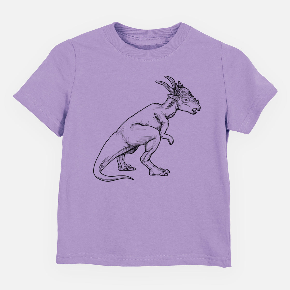 Lavender toddler t-shirt laid flat, printed with a black ink illustration of a Stygimoloch dinosaur with a spiky domed head.
