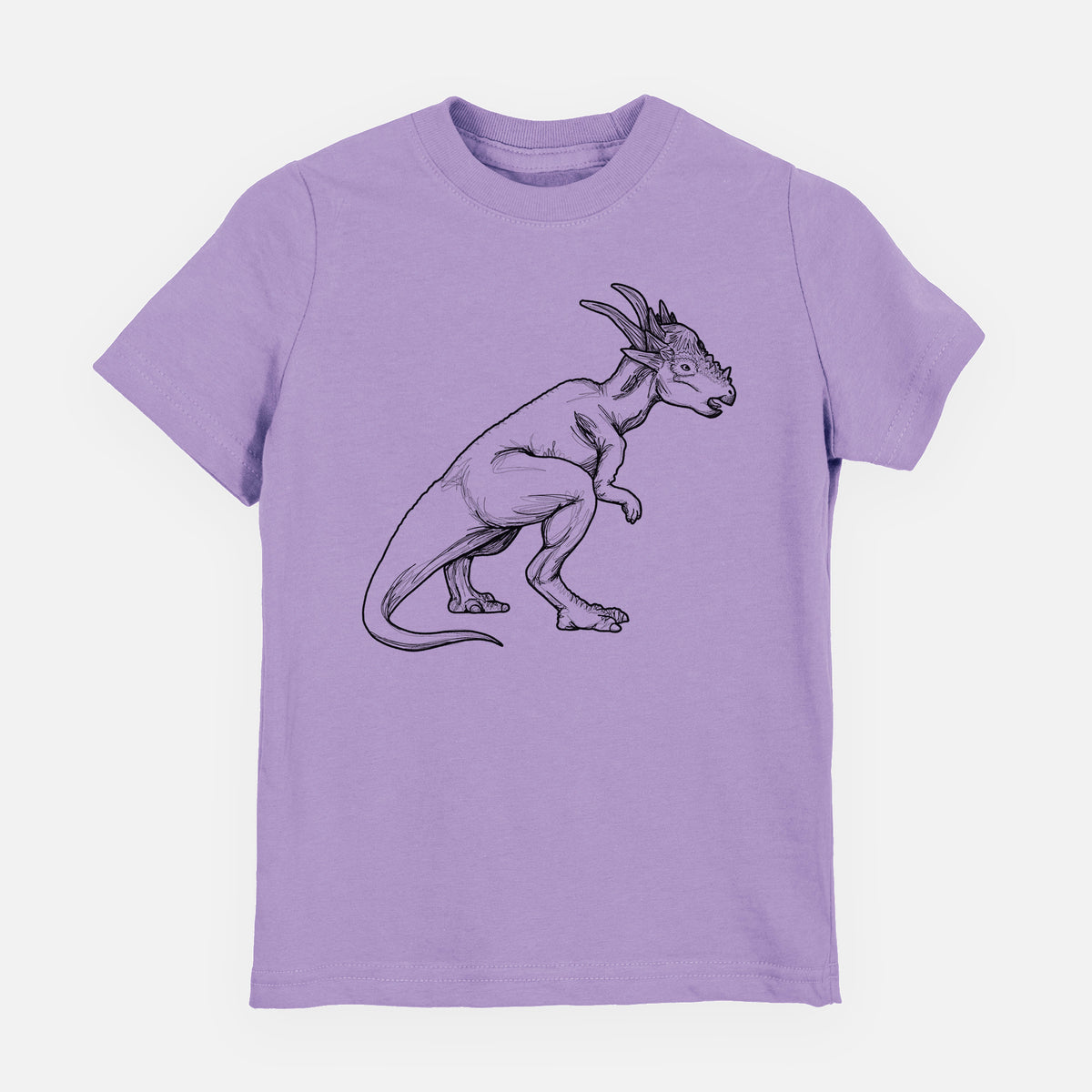 Lavender youth t-shirt laid flat, printed with a black ink illustration of a Stygimoloch dinosaur with a spiky domed head.