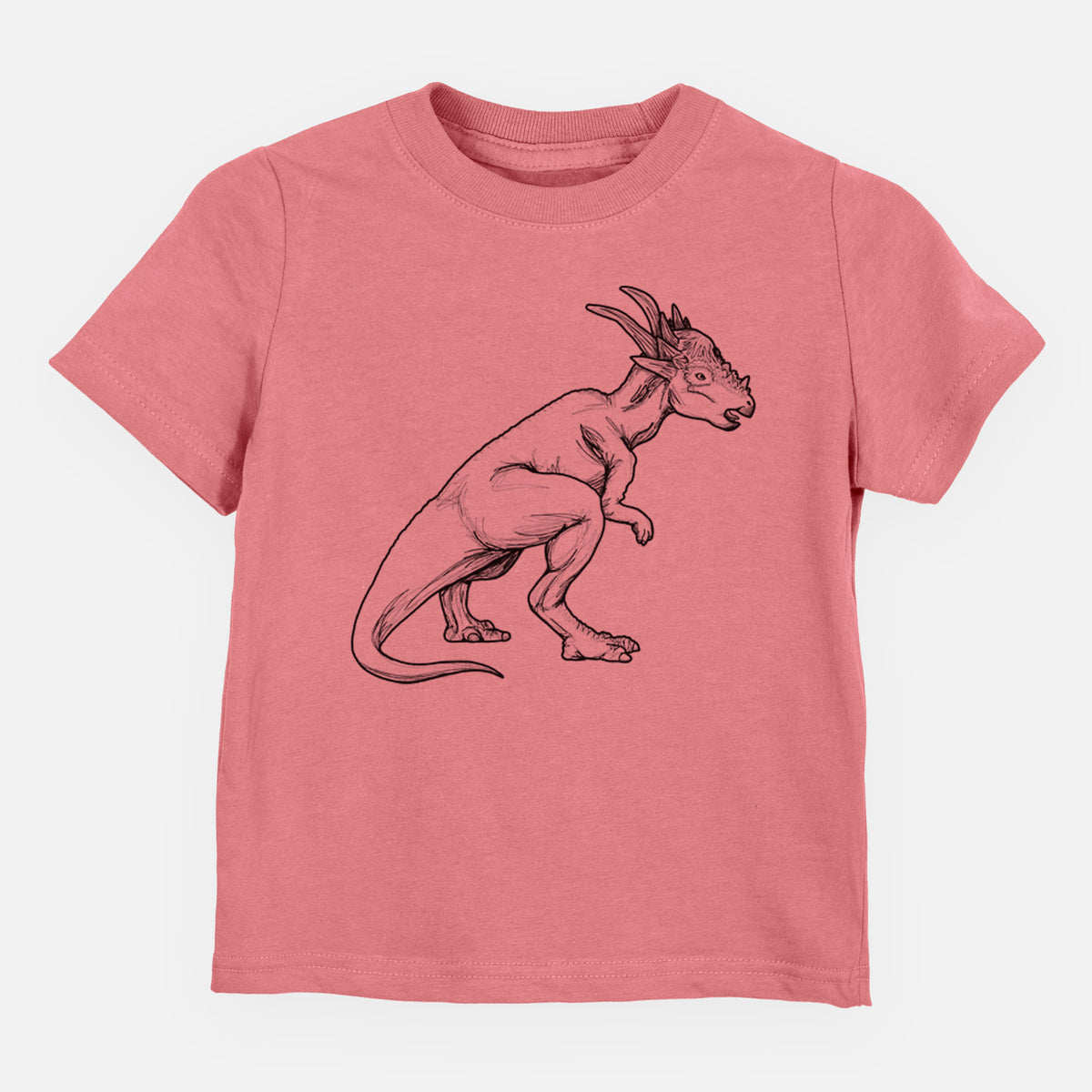 Mauve pink toddler t-shirt laid flat, printed with a black ink illustration of a Stygimoloch dinosaur with a spiky domed head.