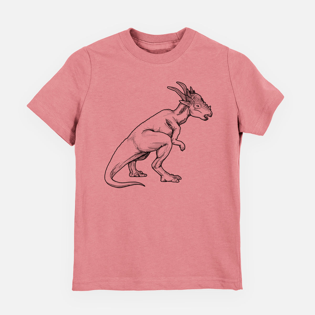 Mauve pink youth t-shirt laid flat, printed with a black ink illustration of a Stygimoloch dinosaur with a spiky domed head.