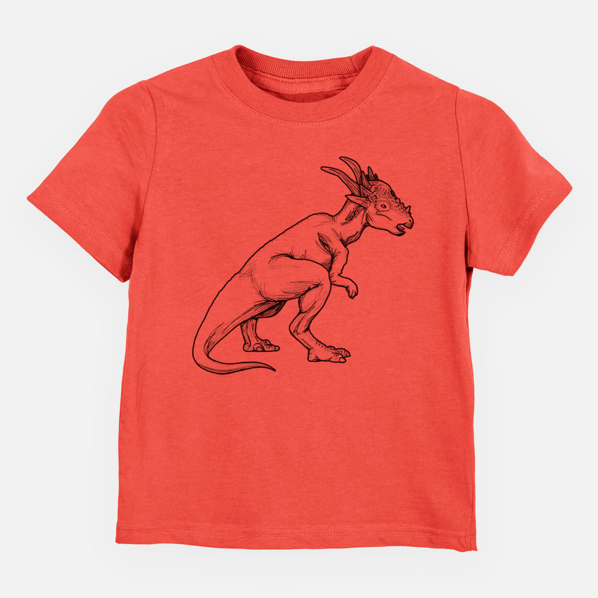 Passionfruit pink toddler t-shirt laid flat, printed with a black ink illustration of a Stygimoloch dinosaur with a spiky domed head.