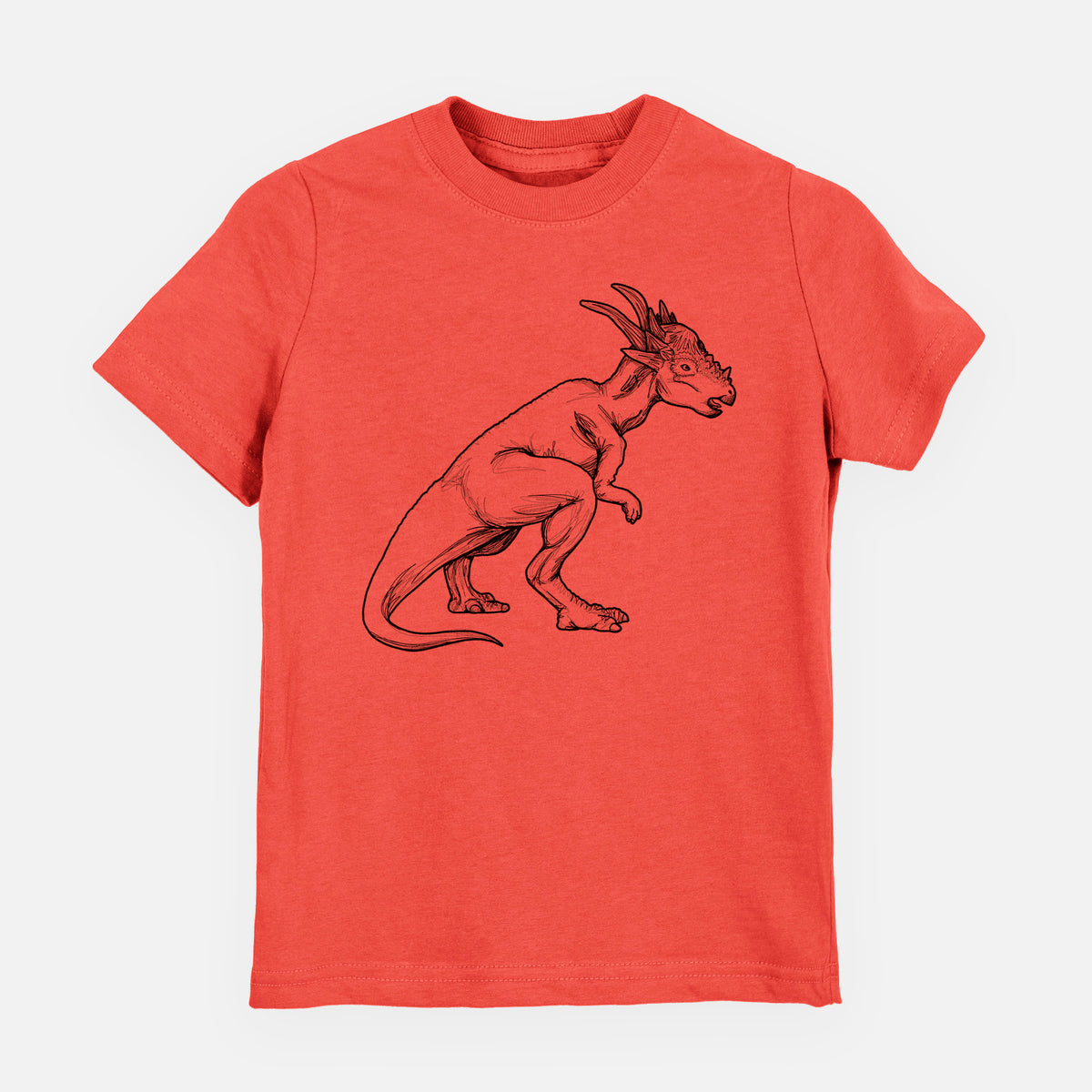 Passionfruit pink youth t-shirt laid flat, printed with a black ink illustration of a Stygimoloch dinosaur with a spiky domed head.