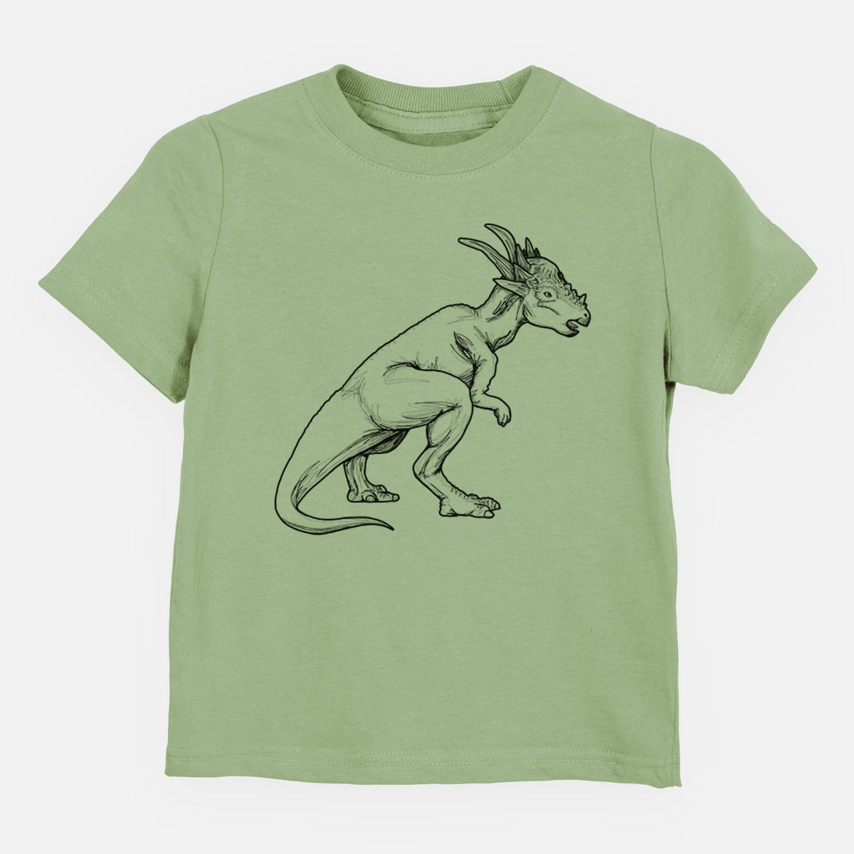 Sage green toddler t-shirt laid flat, printed with a black ink illustration of a Stygimoloch dinosaur with a spiky domed head.
