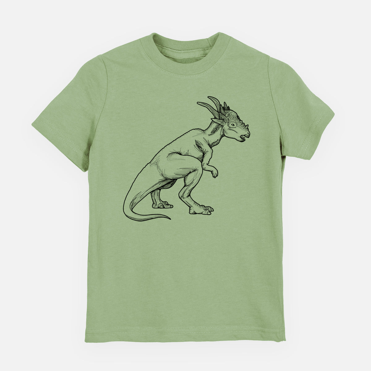 Sage green youth t-shirt laid flat, printed with a black ink illustration of a Stygimoloch dinosaur with a spiky domed head.