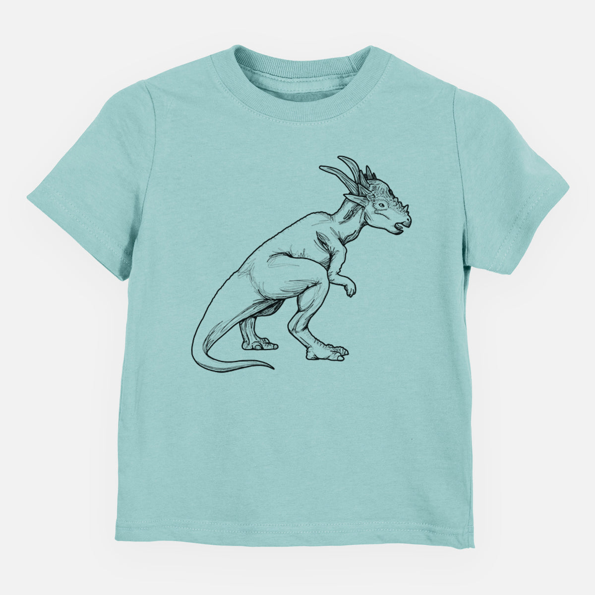 Saltwater toddler t-shirt laid flat, printed with a black ink illustration of a Stygimoloch dinosaur with a spiky domed head.