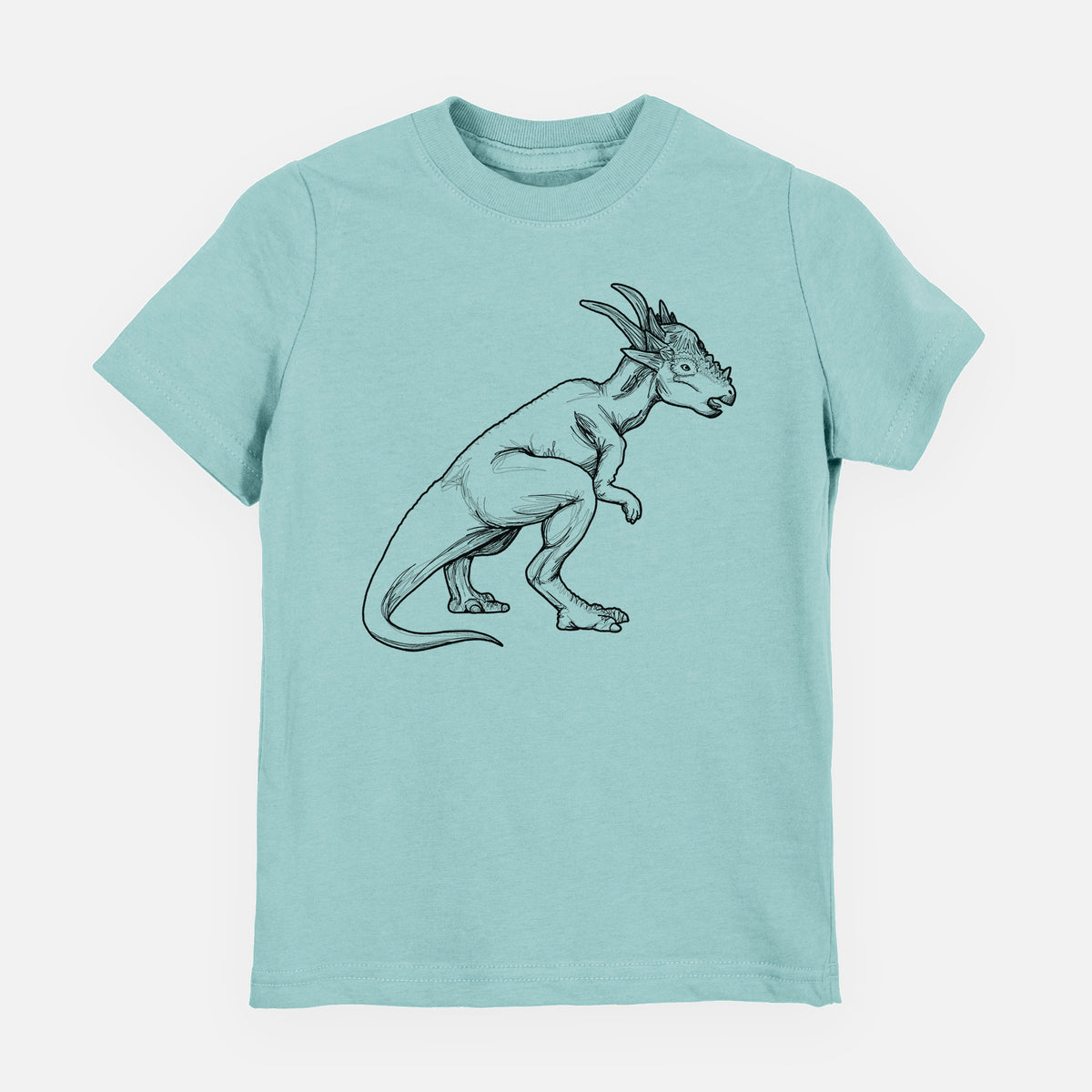 Saltwater youth t-shirt laid flat, printed with a black ink illustration of a Stygimoloch dinosaur with a spiky domed head.