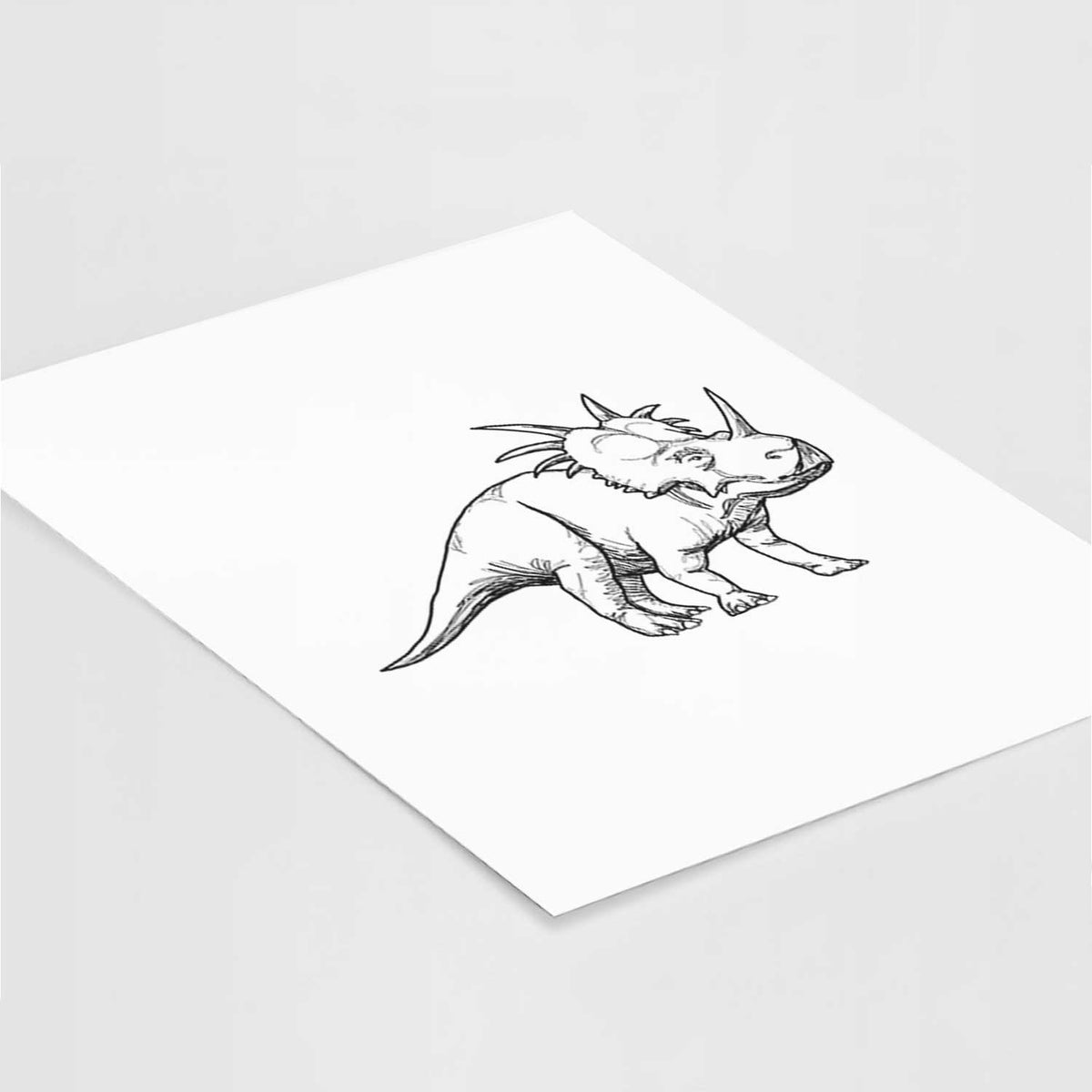 Art print of a black ink illustration of a Styracosaurus with its spiked frill, lying at an angle on a white surface.