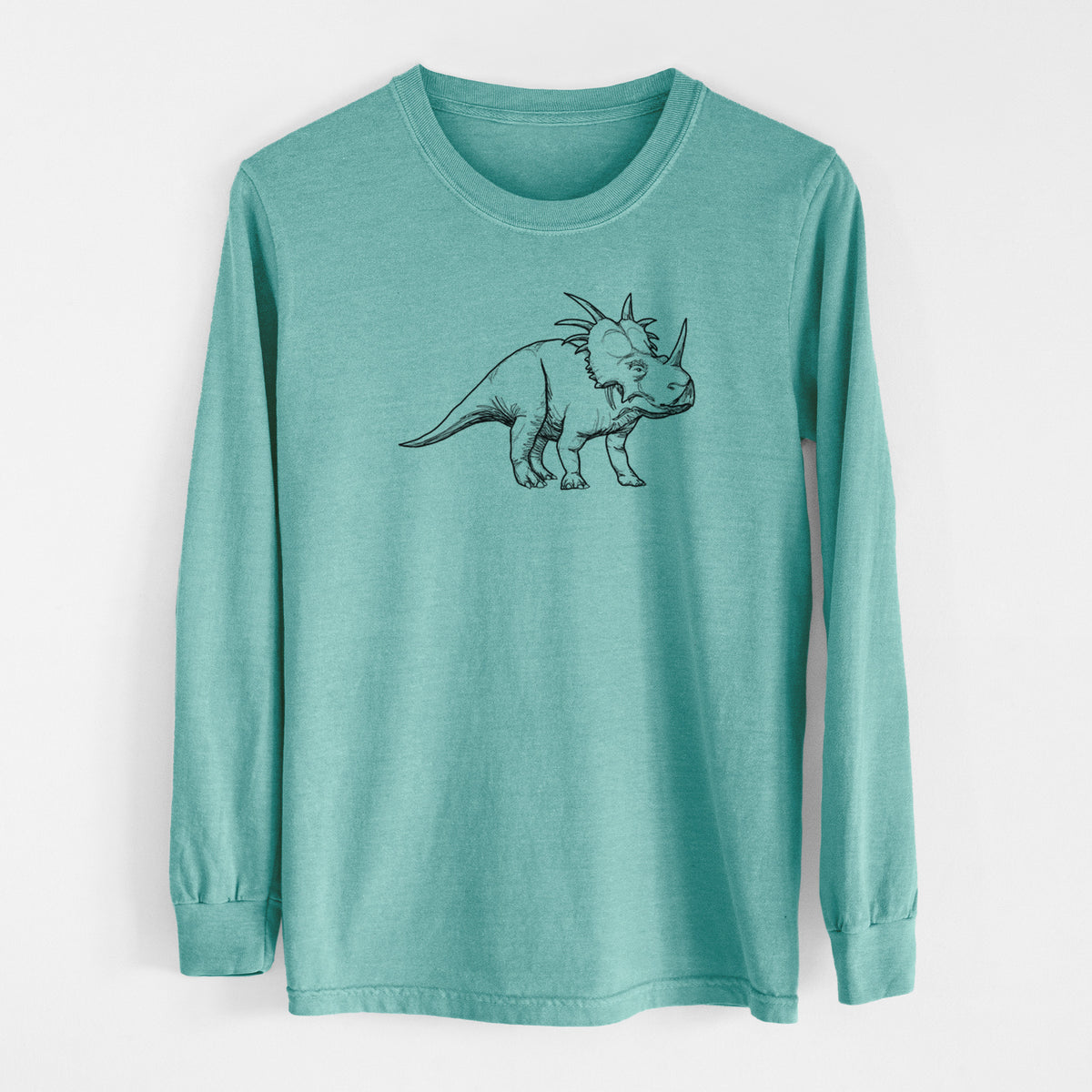 Reef green Comfort Colors long sleeve shirt laid flat, printed with a black ink illustration of a Styracosaurus with its spiked frill.