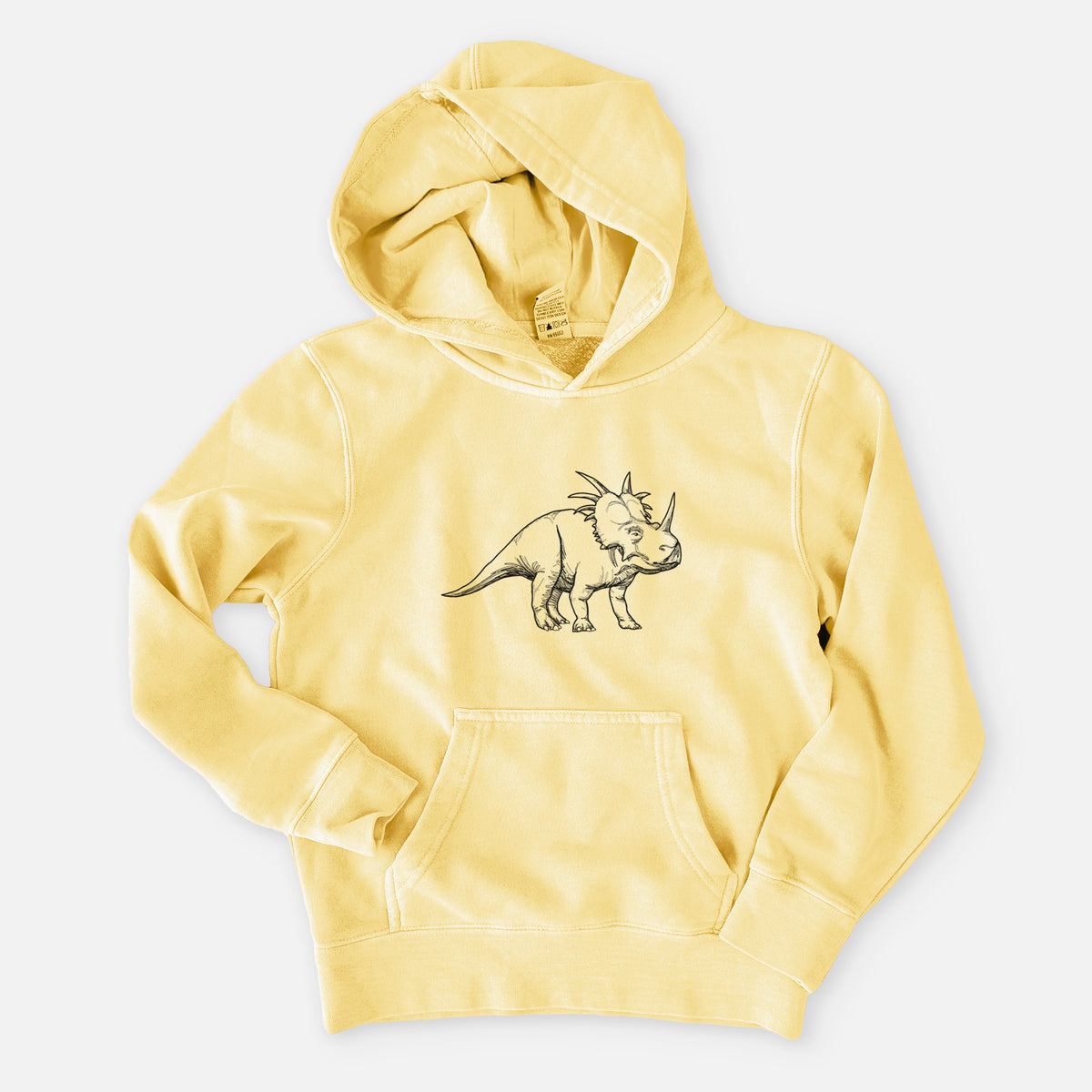 Pigment yellow youth pigment dyed hoodie laid flat, printed with a black ink illustration of a Styracosaurus with its spiked frill.