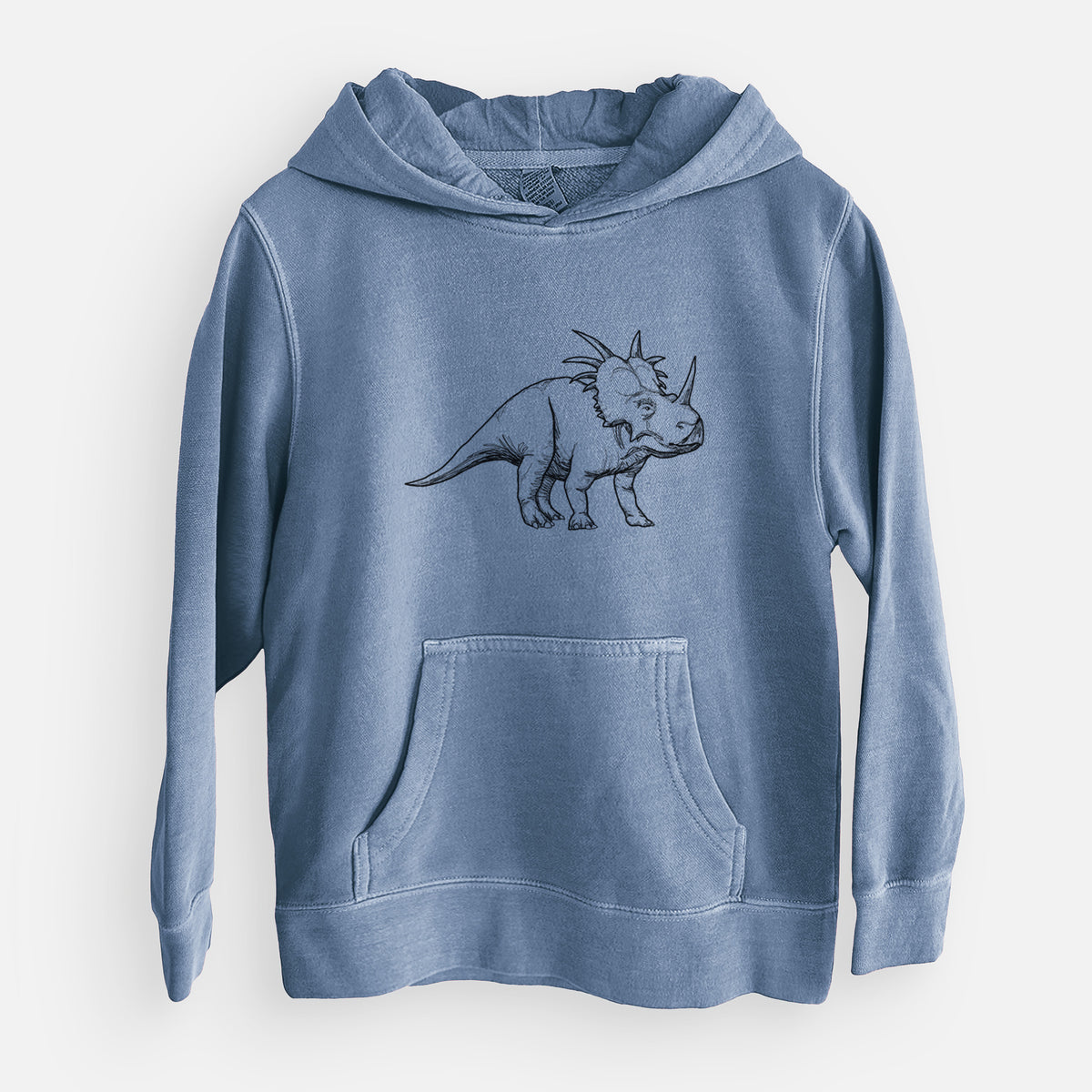 Slate blue youth pigment dyed hoodie laid flat, printed with a black ink illustration of a Styracosaurus with its spiked frill.