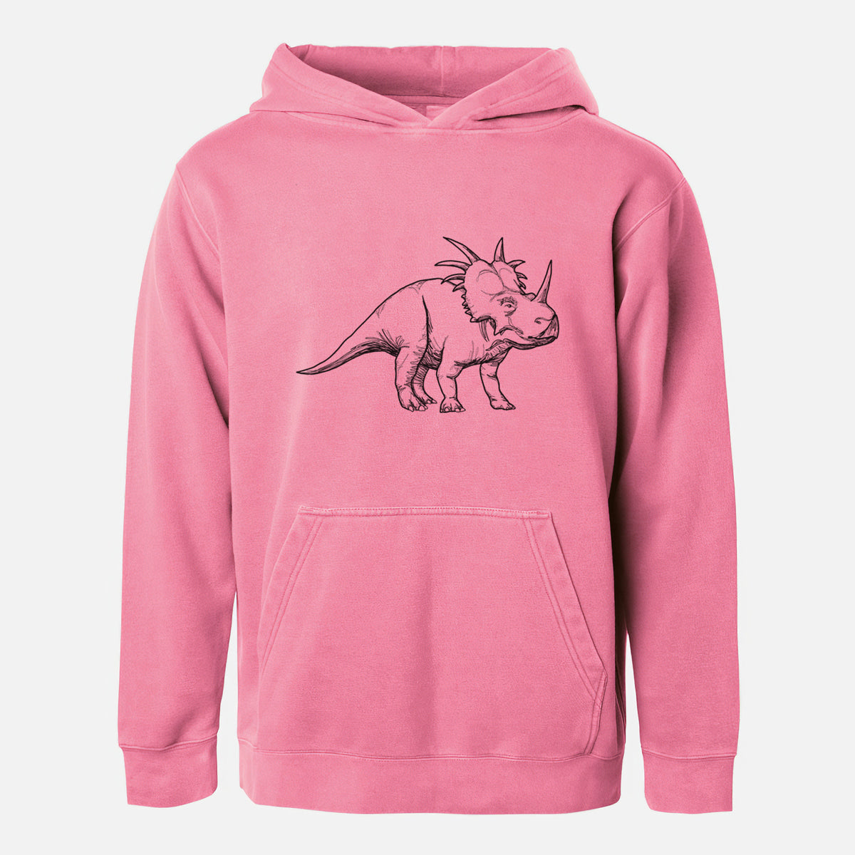 Pigment pink youth pigment dyed hoodie laid flat, printed with a black ink illustration of a Styracosaurus with its spiked frill.
