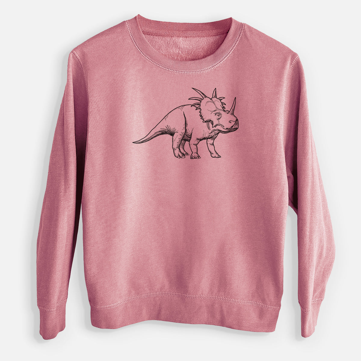 Mauve pink youth crewneck sweatshirt laid flat, printed with a black ink illustration of a Styracosaurus with its spiked frill.