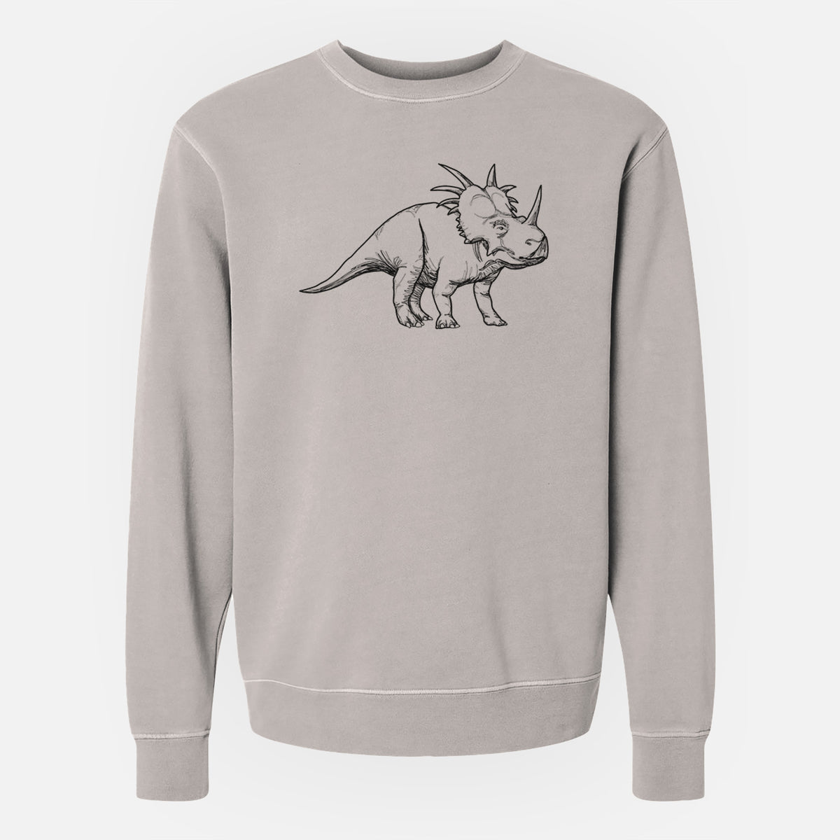 Cement grey pigment dyed crewneck sweatshirt laid flat, printed with a black ink illustration of a Styracosaurus with its spiked frill.