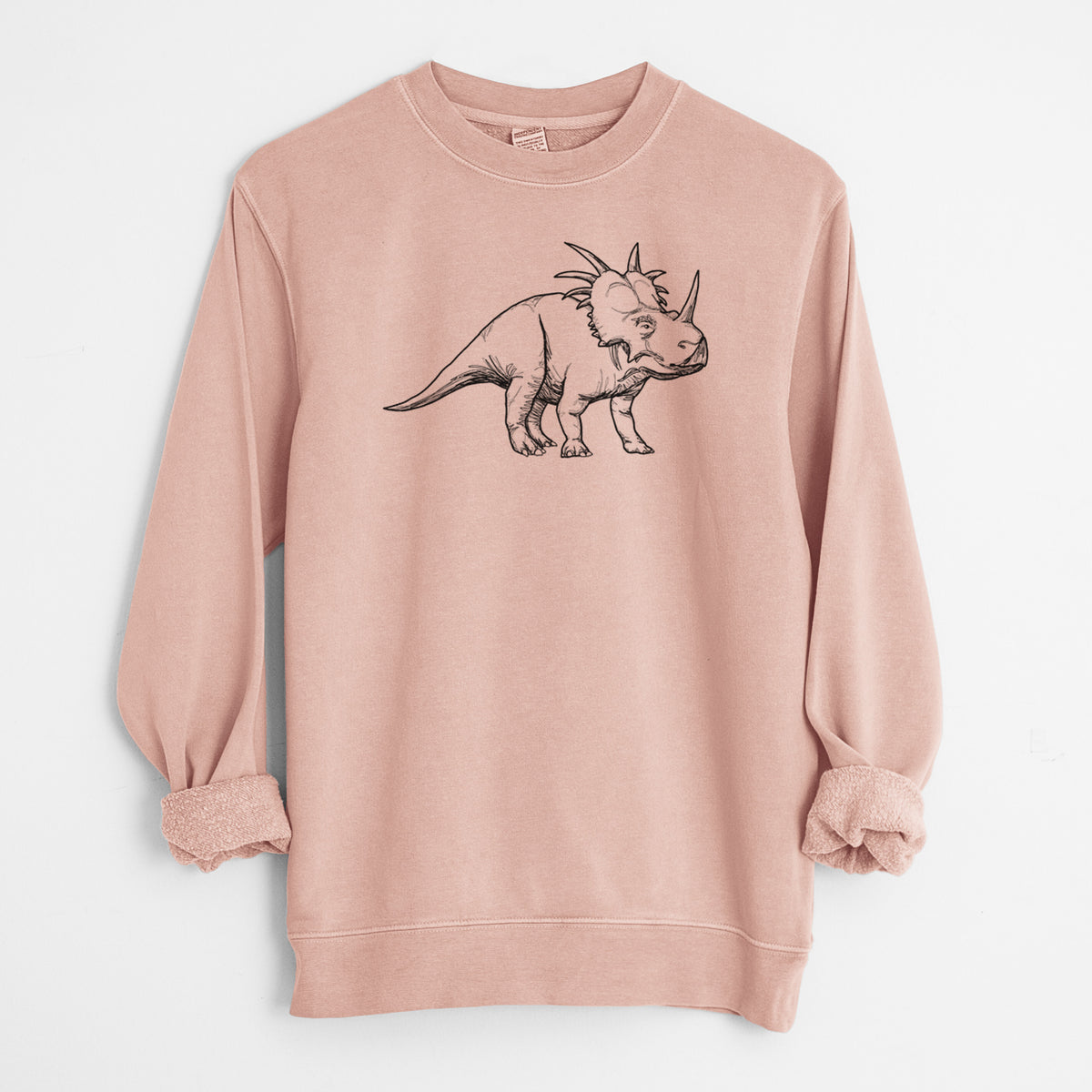 Dusty pink pigment dyed crewneck sweatshirt laid flat with the sleeves rolled, printed with a black ink illustration of a Styracosaurus with its spiked frill.