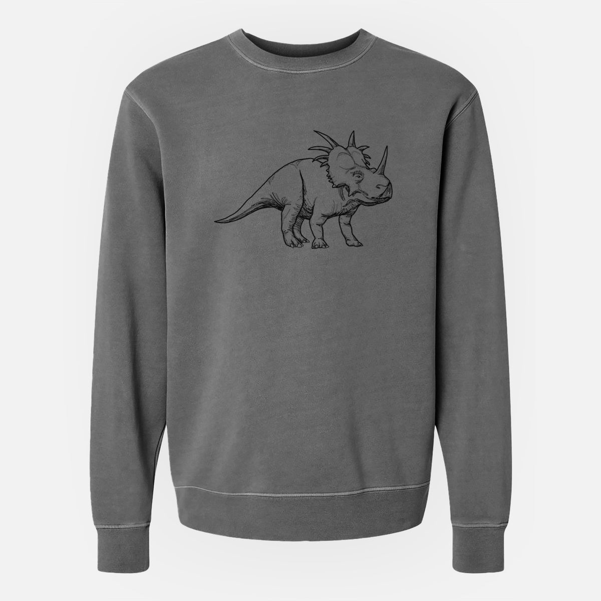 Faded black pigment dyed crewneck sweatshirt laid flat, printed with a black ink illustration of a Styracosaurus with its spiked frill.