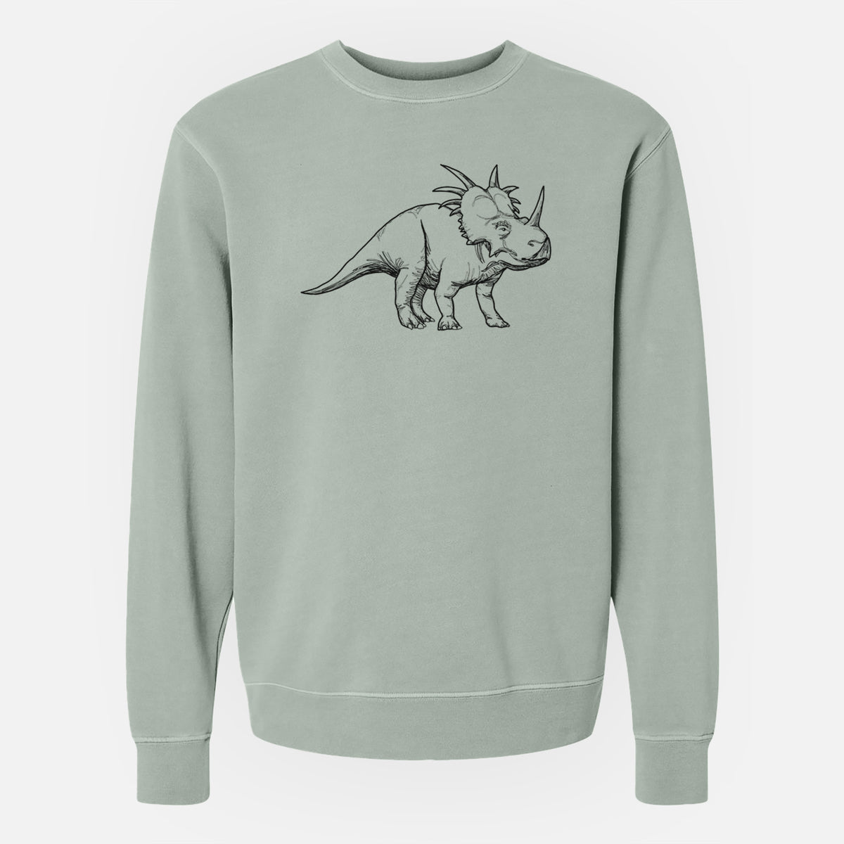 Sage green pigment dyed crewneck sweatshirt laid flat, printed with a black ink illustration of a Styracosaurus with its spiked frill.