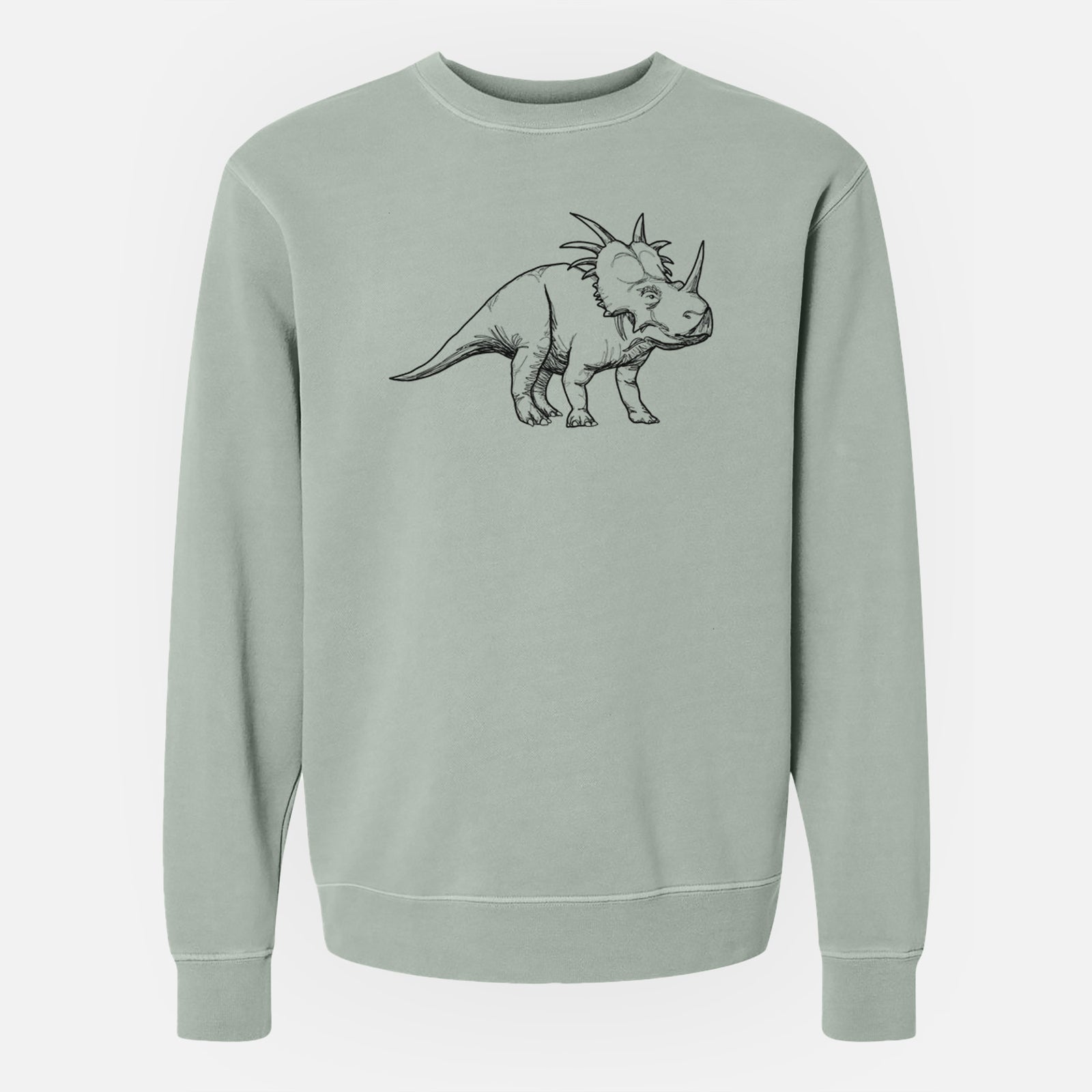 Sage green pigment dyed crewneck sweatshirt laid flat, printed with a black ink illustration of a Styracosaurus with its spiked frill.