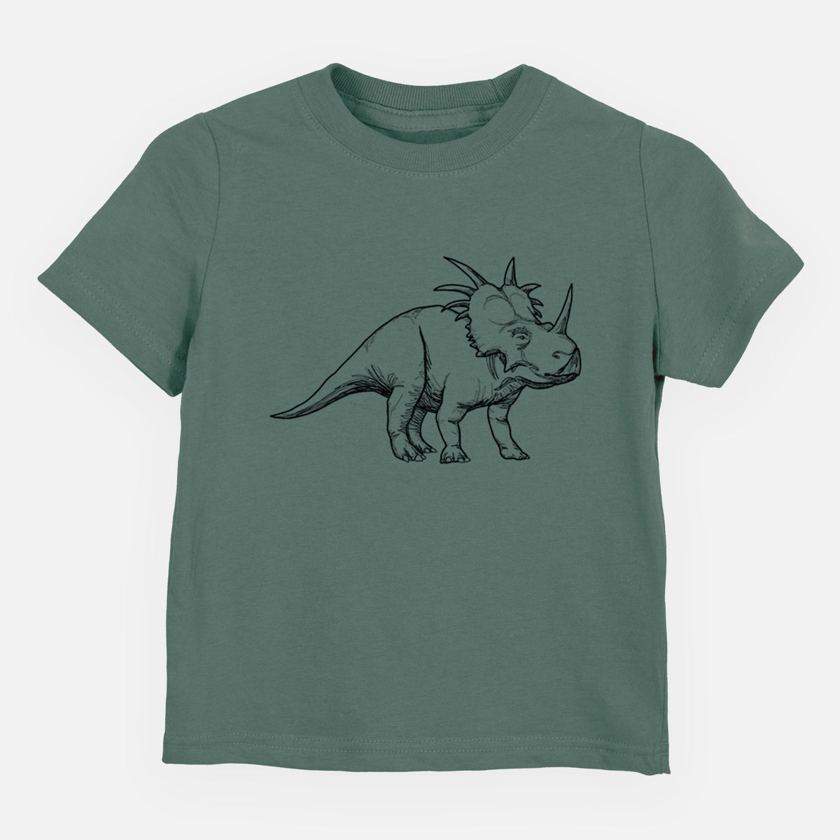 Basil green toddler t-shirt laid flat, printed with a black ink illustration of a Styracosaurus with its spiked frill.