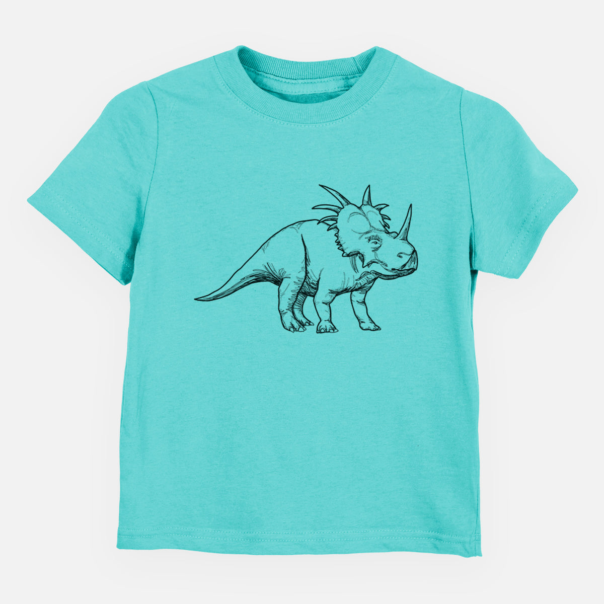 Caribbean blue toddler t-shirt laid flat, printed with a black ink illustration of a Styracosaurus with its spiked frill.
