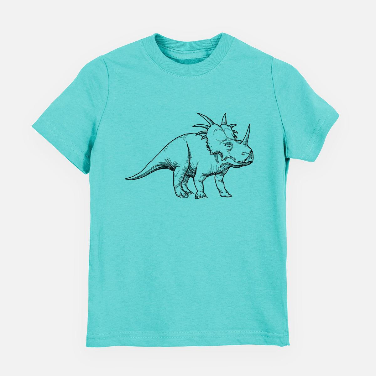Caribbean blue youth t-shirt laid flat, printed with a black ink illustration of a Styracosaurus with its spiked frill.