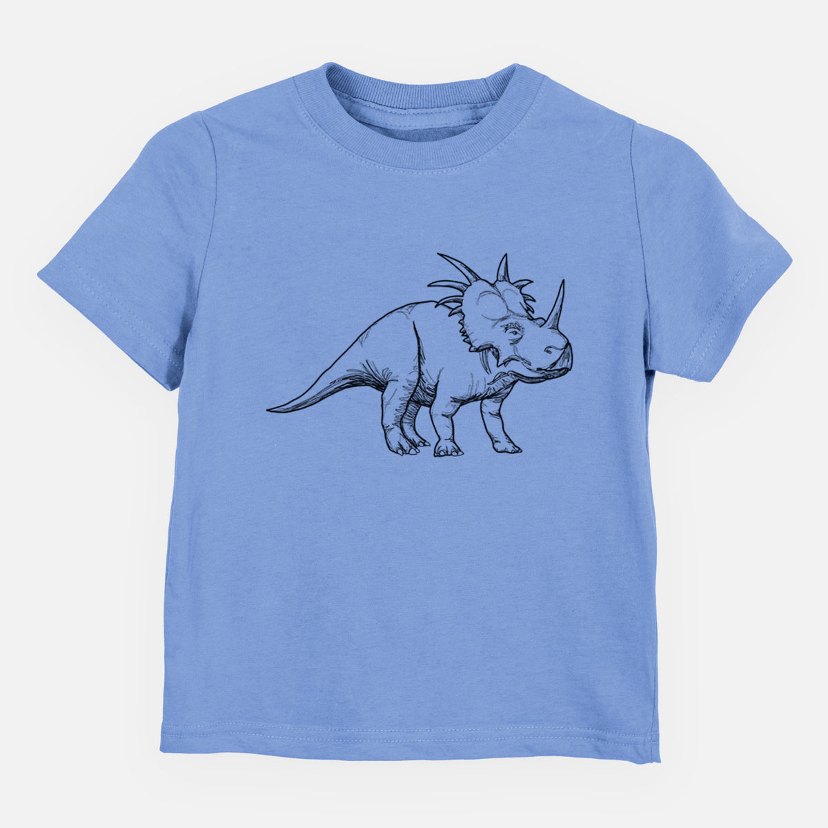 Carolina blue toddler t-shirt laid flat, printed with a black ink illustration of a Styracosaurus with its spiked frill.