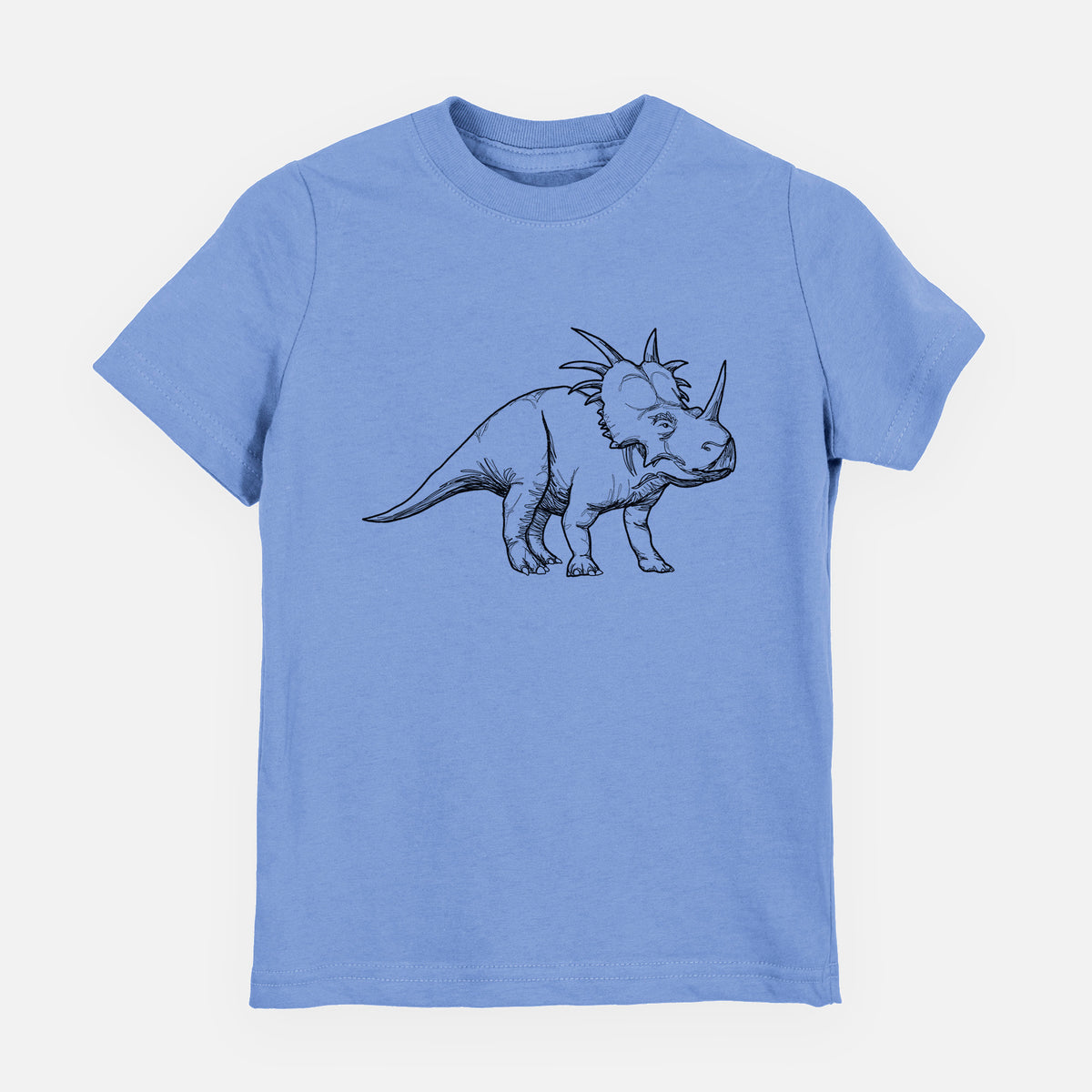 Carolina blue youth t-shirt laid flat, printed with a black ink illustration of a Styracosaurus with its spiked frill.