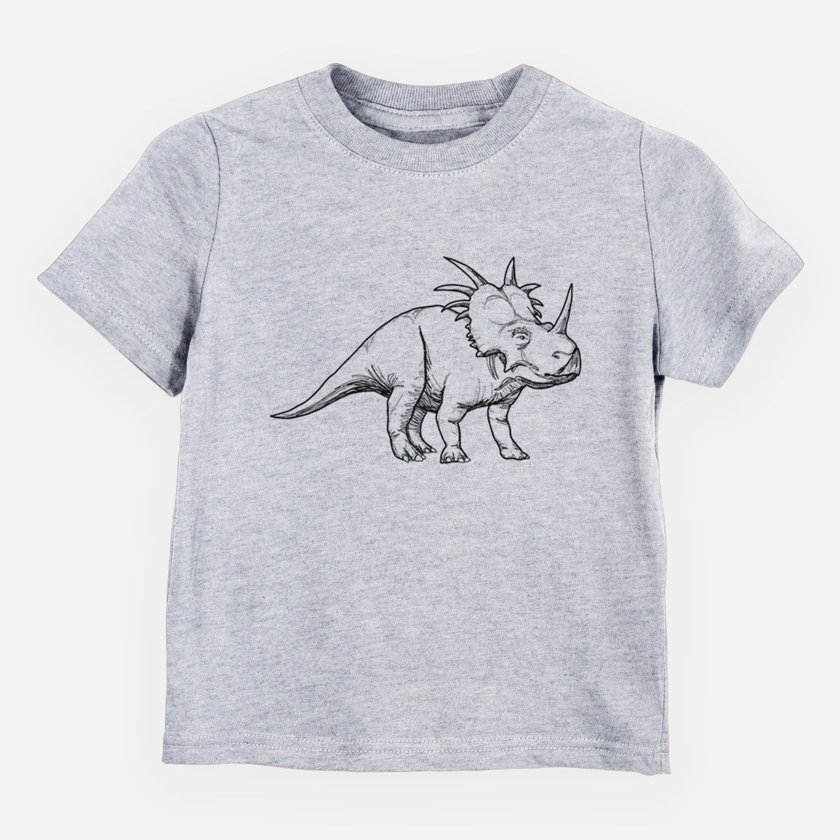 Heather grey toddler t-shirt laid flat, printed with a black ink illustration of a Styracosaurus with its spiked frill.