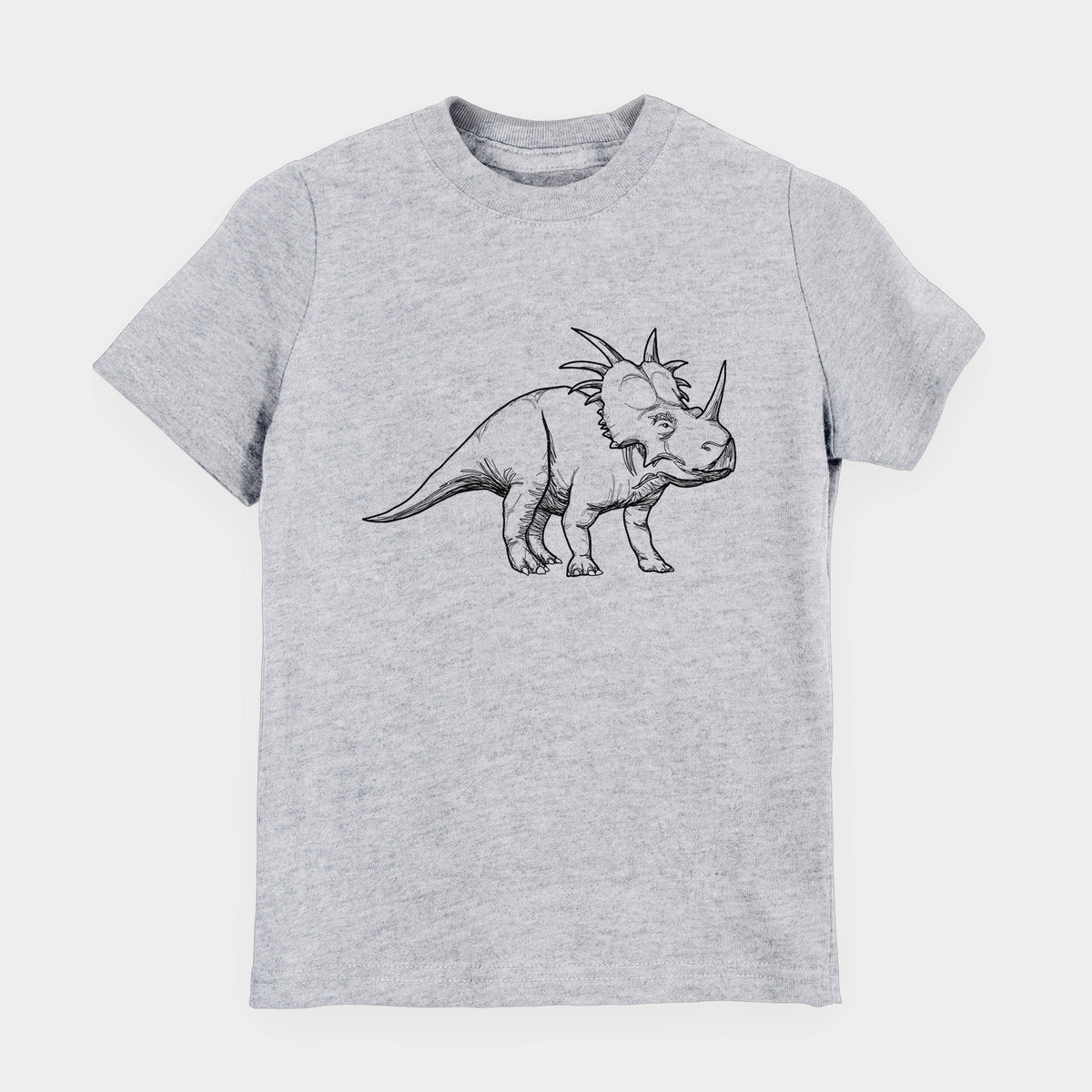 Heather grey youth t-shirt laid flat, printed with a black ink illustration of a Styracosaurus with its spiked frill.