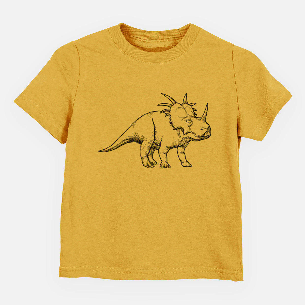 Honeycomb yellow toddler t-shirt laid flat, printed with a black ink illustration of a Styracosaurus with its spiked frill.