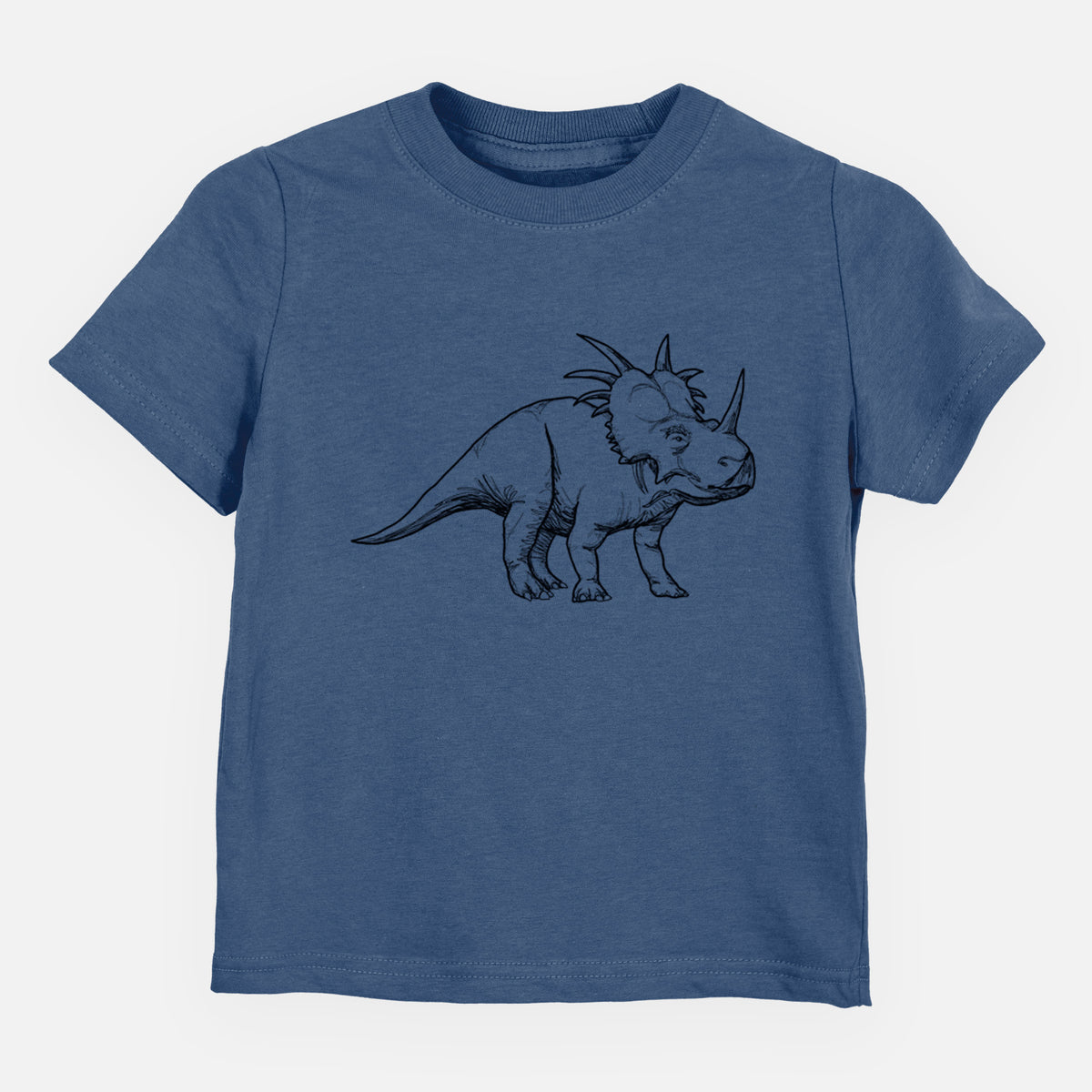 Indigo blue toddler t-shirt laid flat, printed with a black ink illustration of a Styracosaurus with its spiked frill.