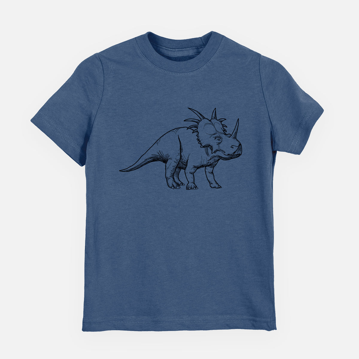 Indigo blue youth t-shirt laid flat, printed with a black ink illustration of a Styracosaurus with its spiked frill.