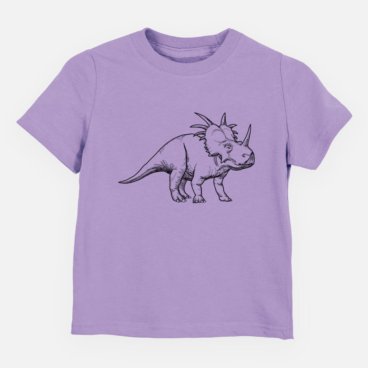 Lavender toddler t-shirt laid flat, printed with a black ink illustration of a Styracosaurus with its spiked frill.