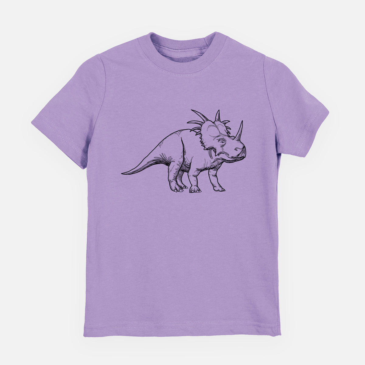 Lavender youth t-shirt laid flat, printed with a black ink illustration of a Styracosaurus with its spiked frill.