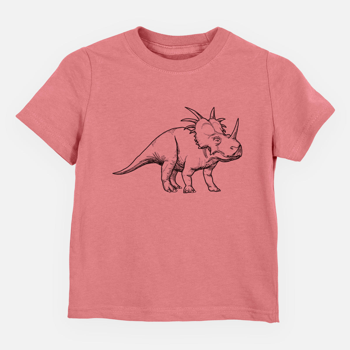 Mauve pink toddler t-shirt laid flat, printed with a black ink illustration of a Styracosaurus with its spiked frill.