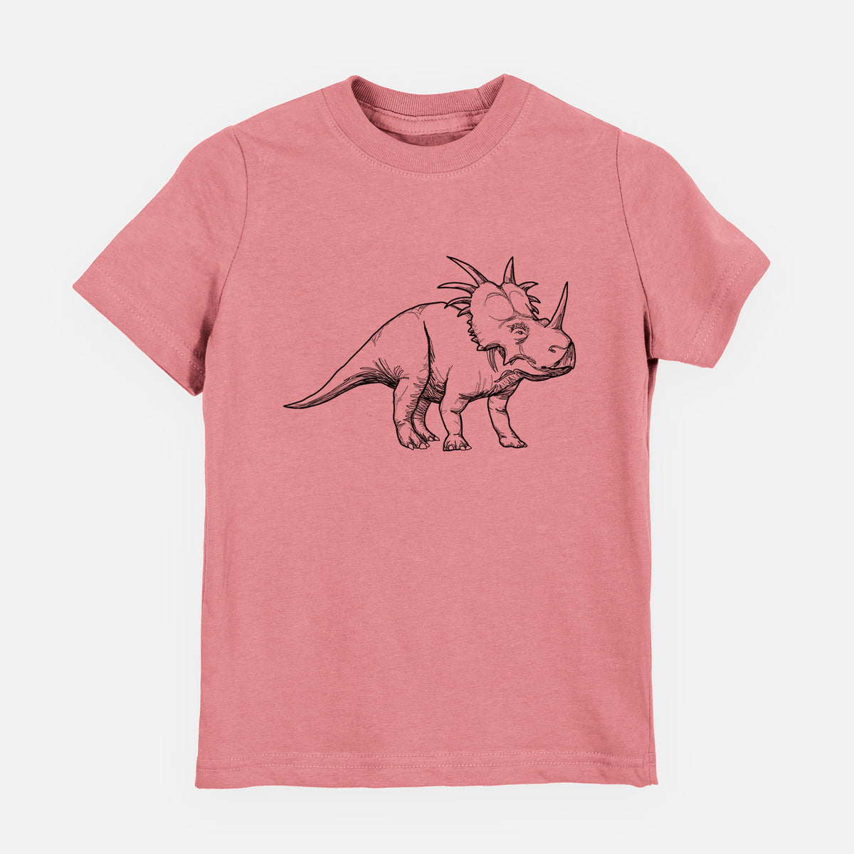 Mauve pink youth t-shirt laid flat, printed with a black ink illustration of a Styracosaurus with its spiked frill.