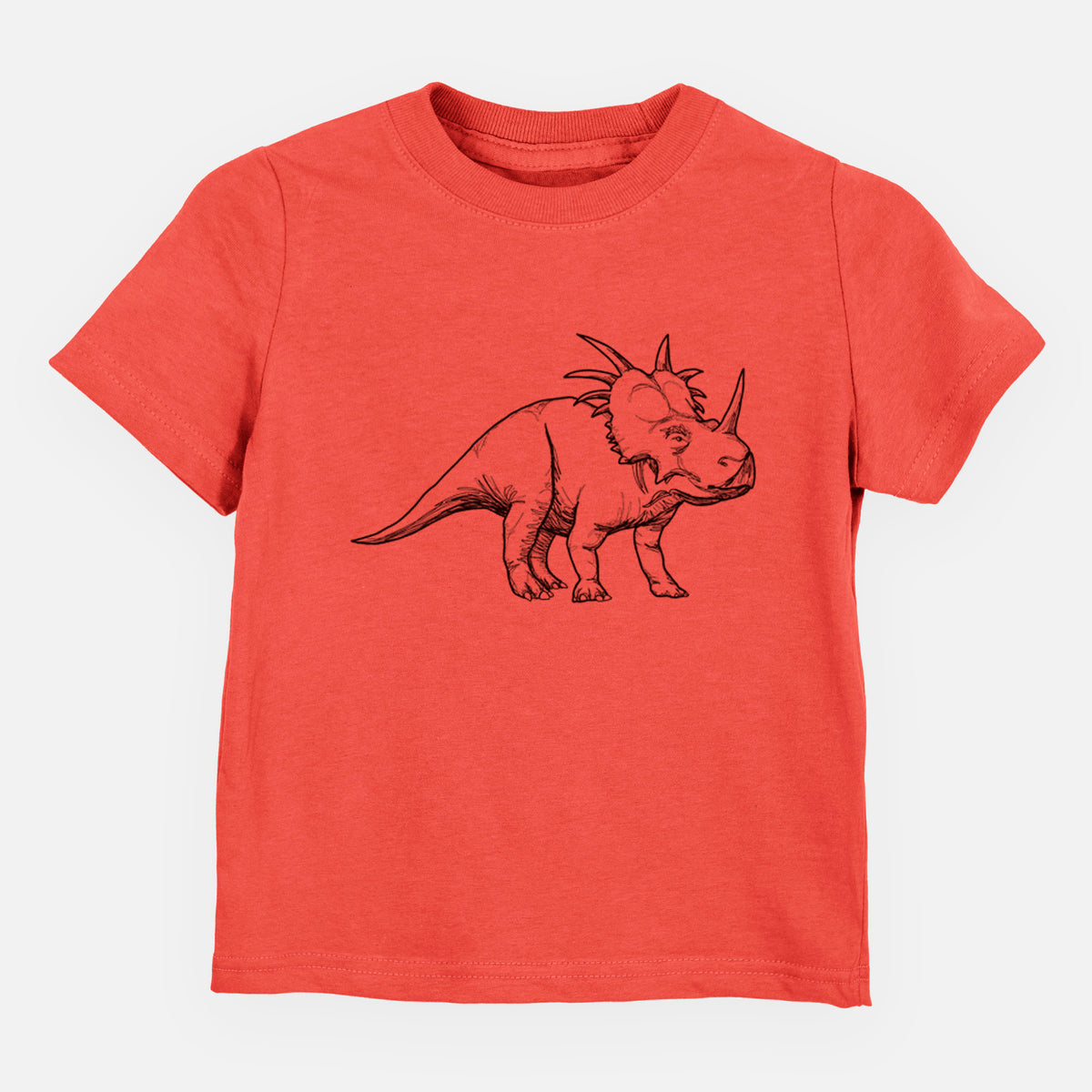 Passionfruit pink toddler t-shirt laid flat, printed with a black ink illustration of a Styracosaurus with its spiked frill.
