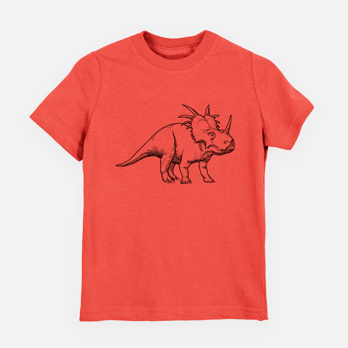 Passionfruit pink youth t-shirt laid flat, printed with a black ink illustration of a Styracosaurus with its spiked frill.