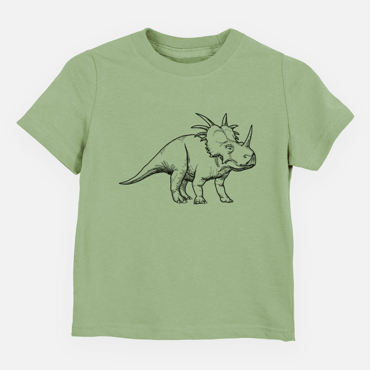 Sage green toddler t-shirt laid flat, printed with a black ink illustration of a Styracosaurus with its spiked frill.